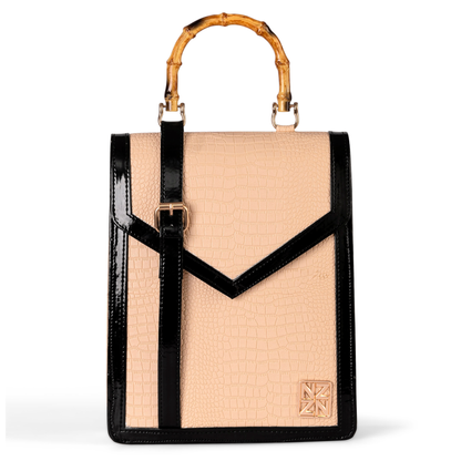 NANZ Noire bamboe handtas in nude beige met patroon