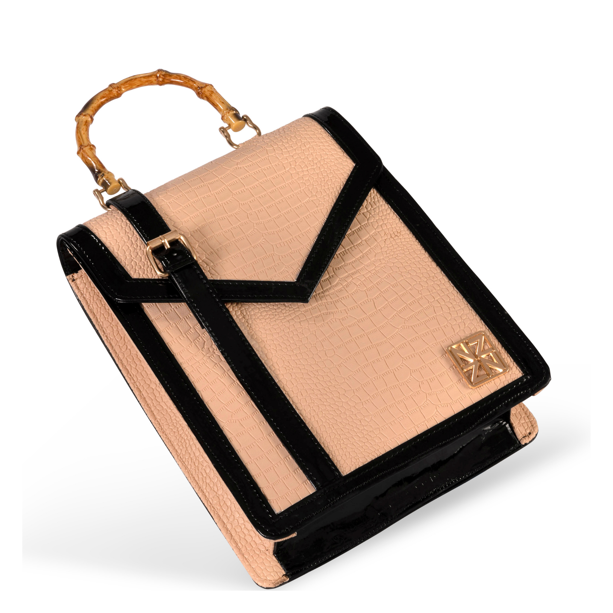 NANZ Noire bamboe handtas in nude beige met patroon