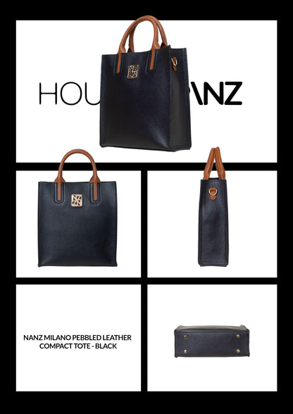 NANZ Milano Pebbled Leather Compact Tote - Black