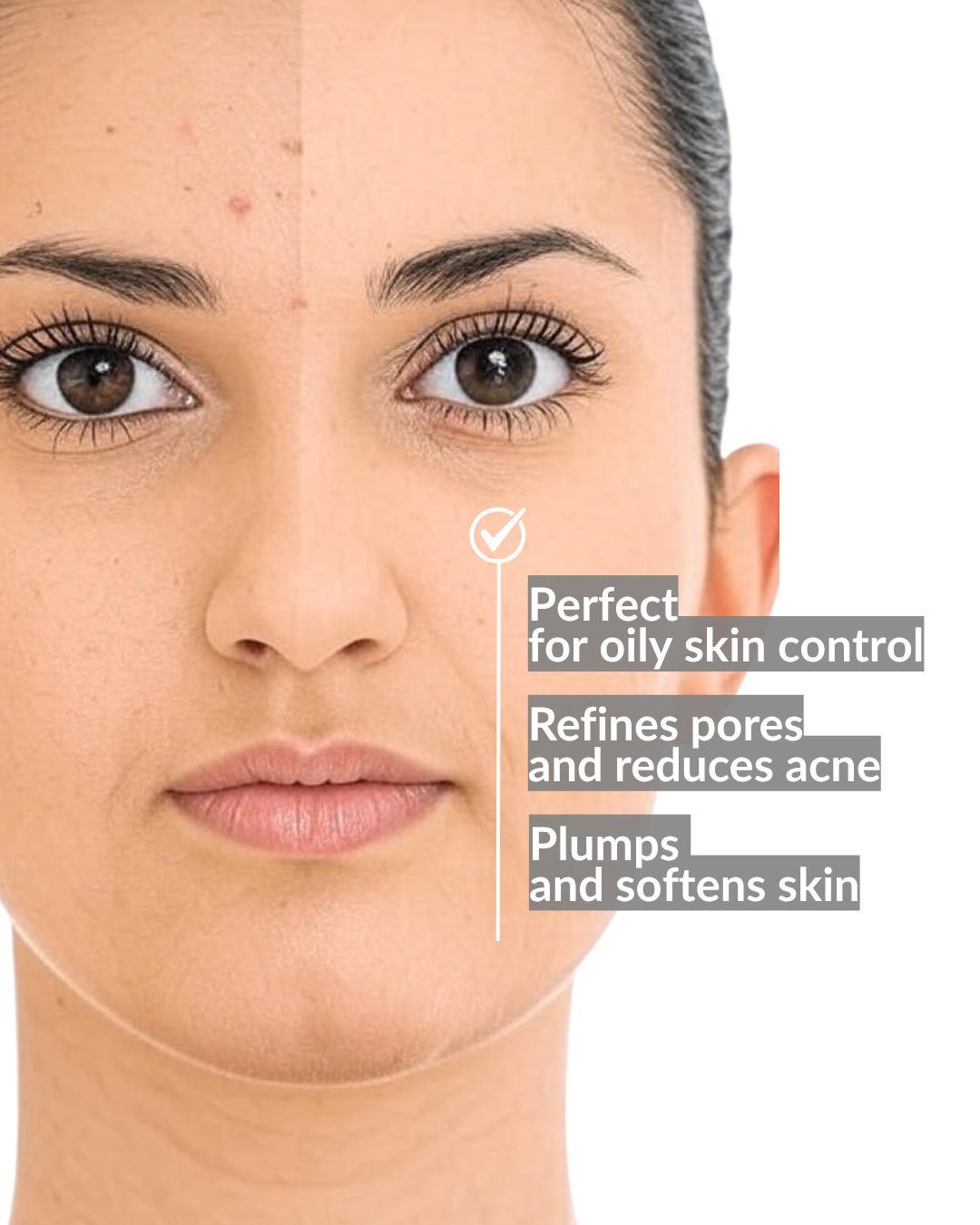 Woman's face with text highlighting collagen bundle benefits on a white background