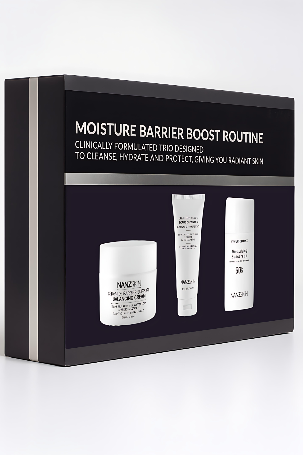 Skincare product set with 'Moisture Barrier Boost Routine' packaging on a white background