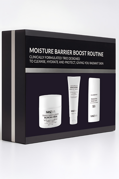 Skincare product set with 'Moisture Barrier Boost Routine' packaging on a white background