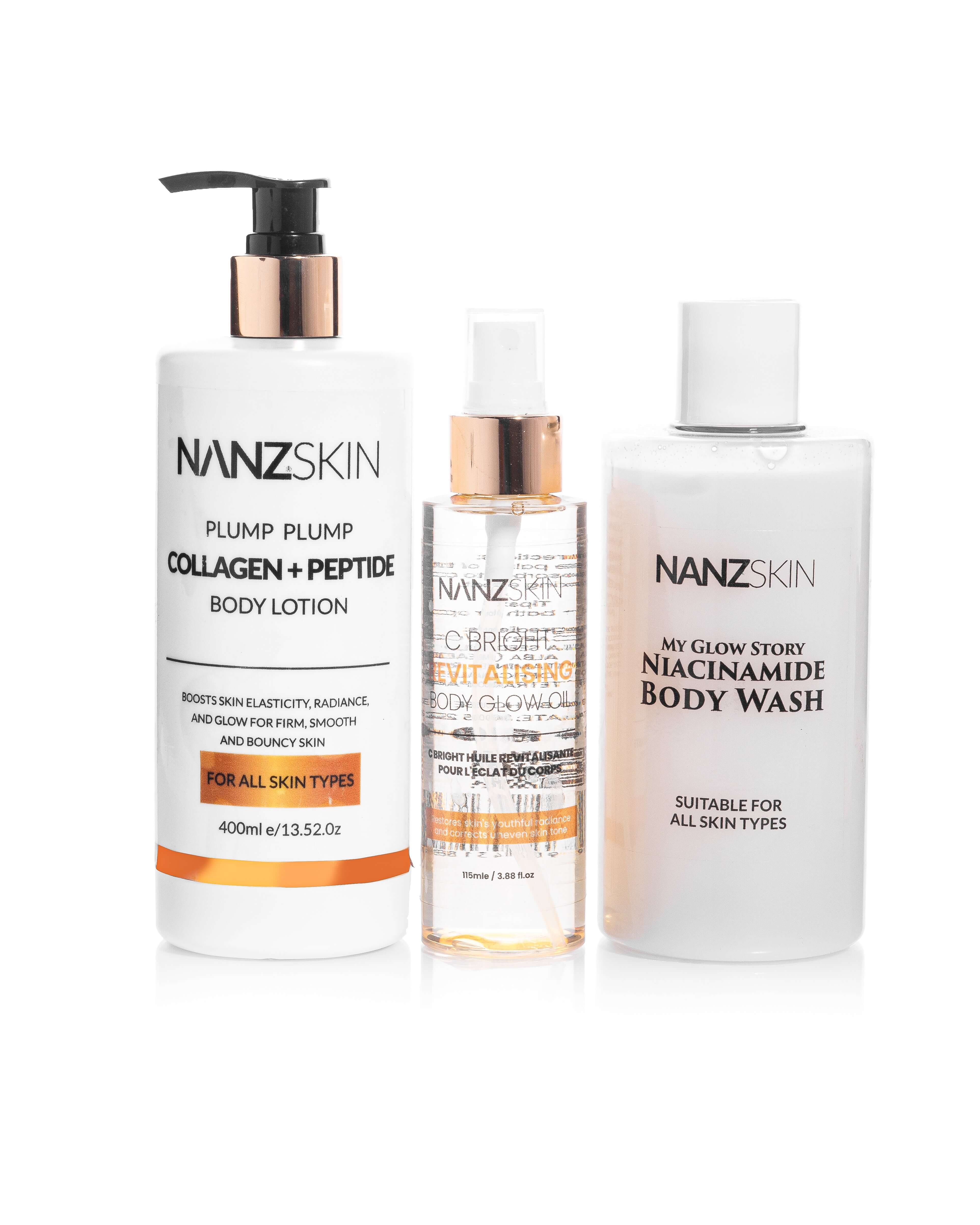NANZSKIN SUPERCHARGED LUMINOUS BODY GLOW TRIO

A great combination of NANZSKIN skincare products fit for you. Makes your skin glow, healthy and young all day 