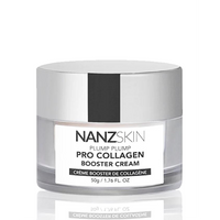 A jar of NANZSKIN Plump Plump Pro Collagen Booster Cream with a white and silver label on a reflective background.