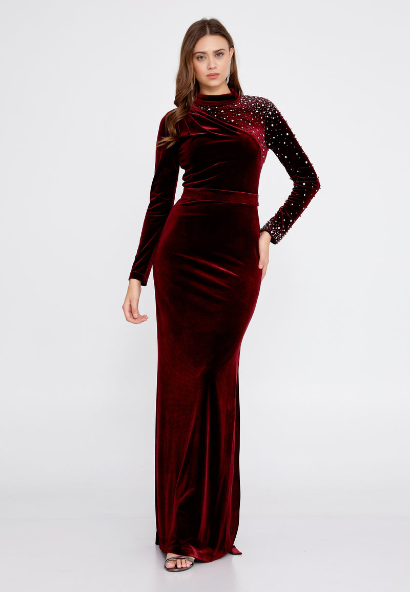 Long Sleeve Maxi Velvet Column Regular Burgundy Evening Dress. – HouseOfNanz