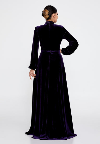 Robe de soirée violette régulière à manches longues et colonne en velours