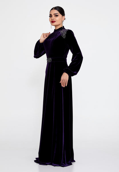 Robe de soirée violette régulière à manches longues et colonne en velours