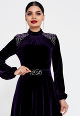 Long Sleeve Maxi Velvet Column Regular Purple Evening Dress